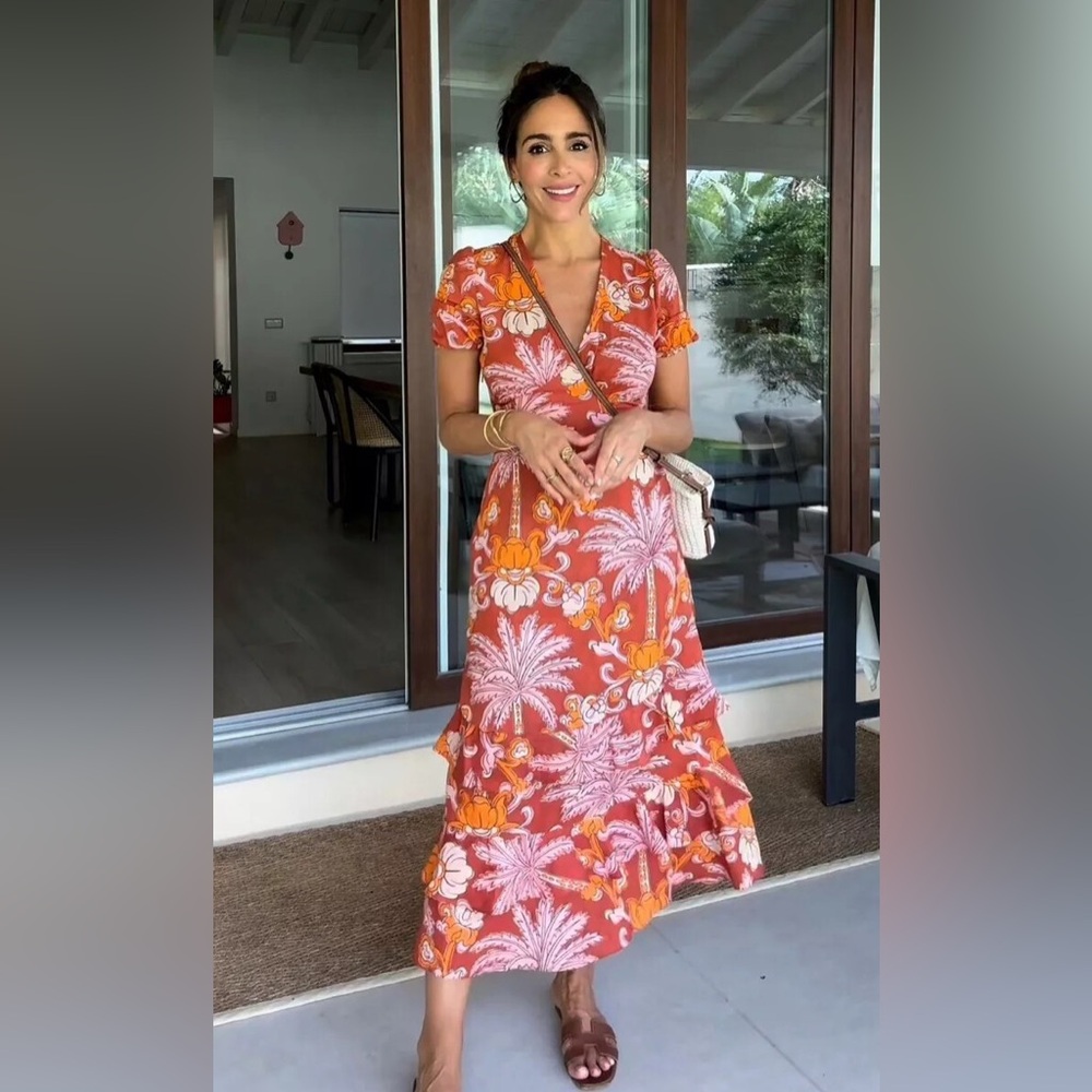 Zara Orange Multicolor Floral Hippie Festival Midi Dress Ruffle Accent Sz Small